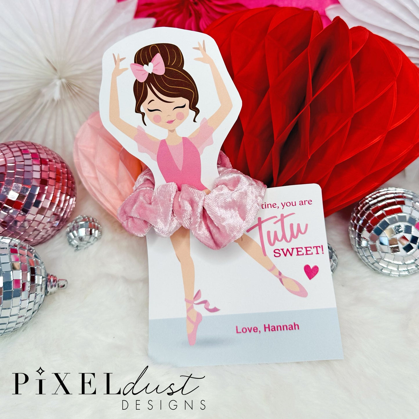 Ballerina Scrunchie Valentines, Printable File Valentine's Day Card