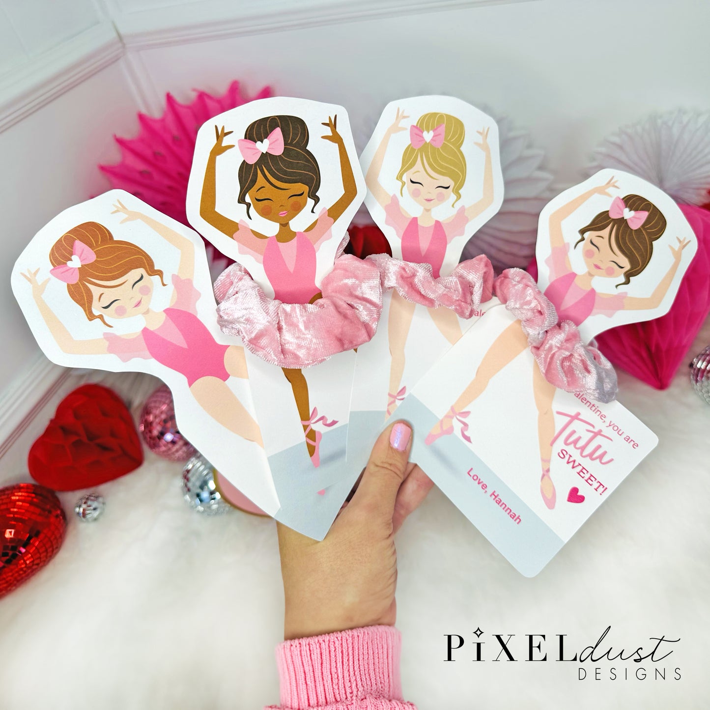 Ballerina Scrunchie Valentines, Printable File Valentine's Day Card