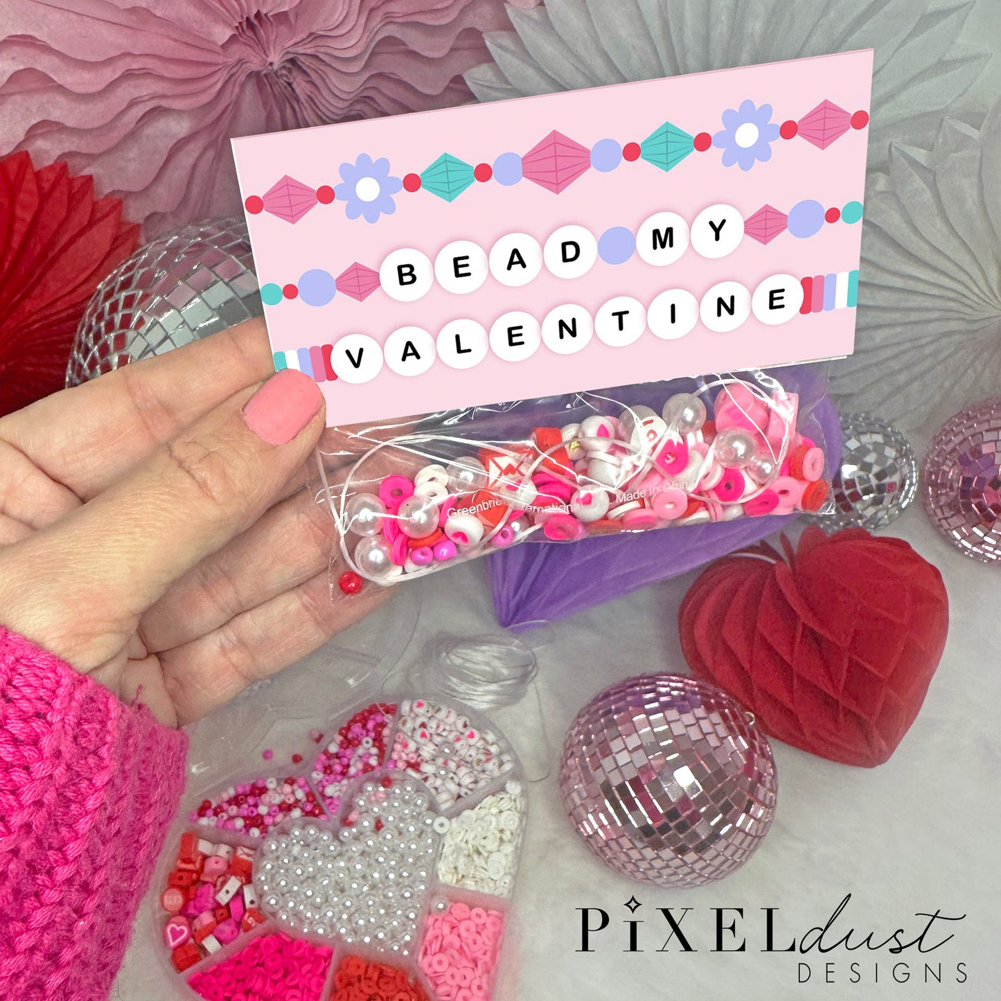 Beaded Bracelet Printable Valentine Bag Topper, Bead Bracelet Kit Valentines