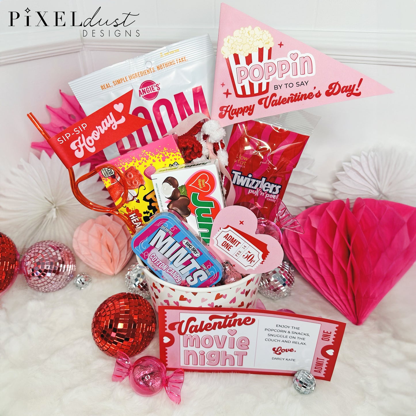 Valentine Movie Night Gift Basket Card & Flags