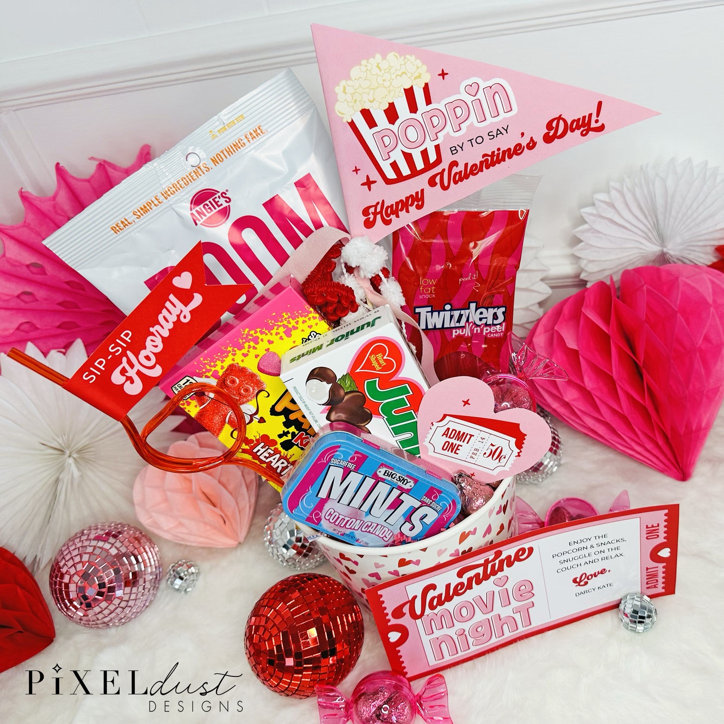 Valentine Movie Night Gift Basket Card & Flags