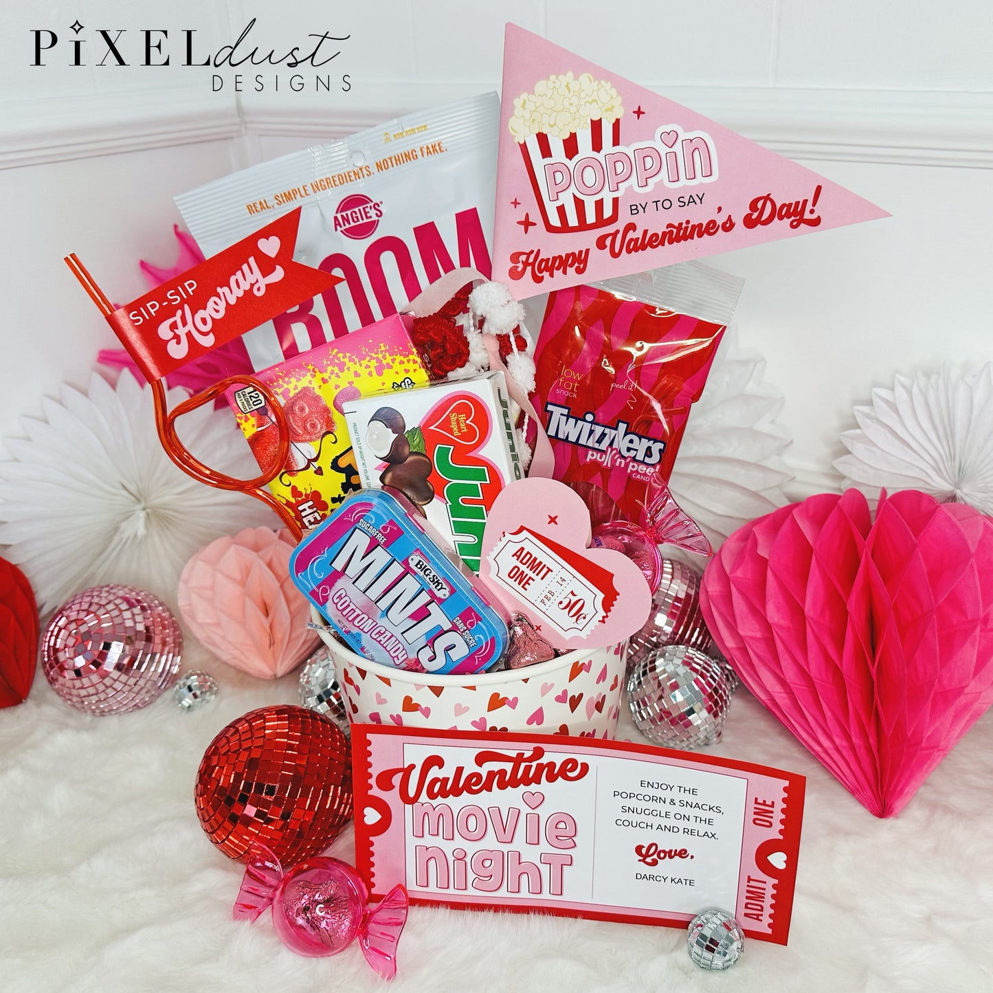 Valentine Movie Night Gift Basket Card & Flags