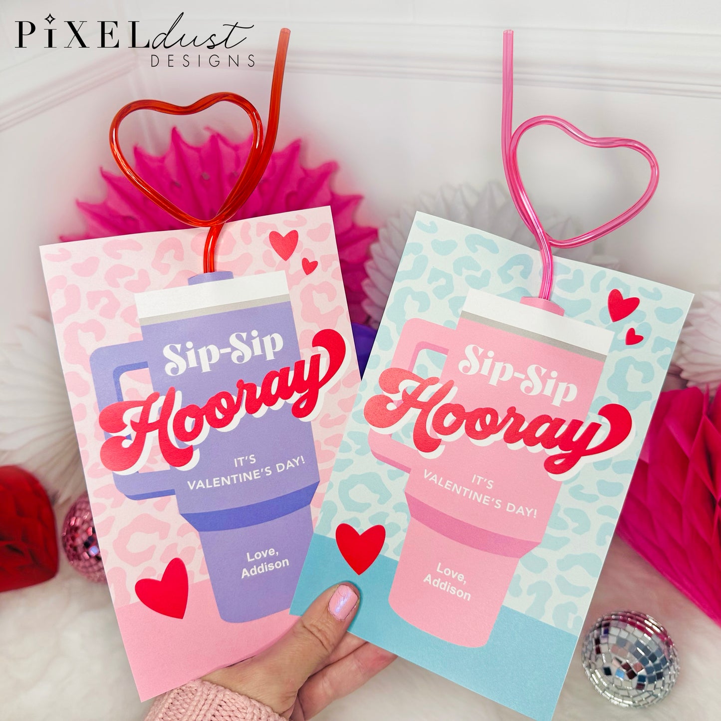 Silly Straw, Trendy Cup, Water Bottle Printable Valentine Cards