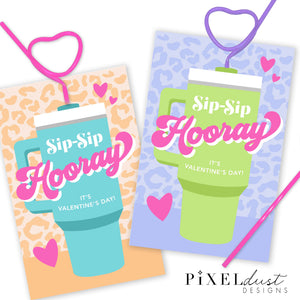 Silly Straw, Trendy Cup, Water Bottle Printable Valentine Cards