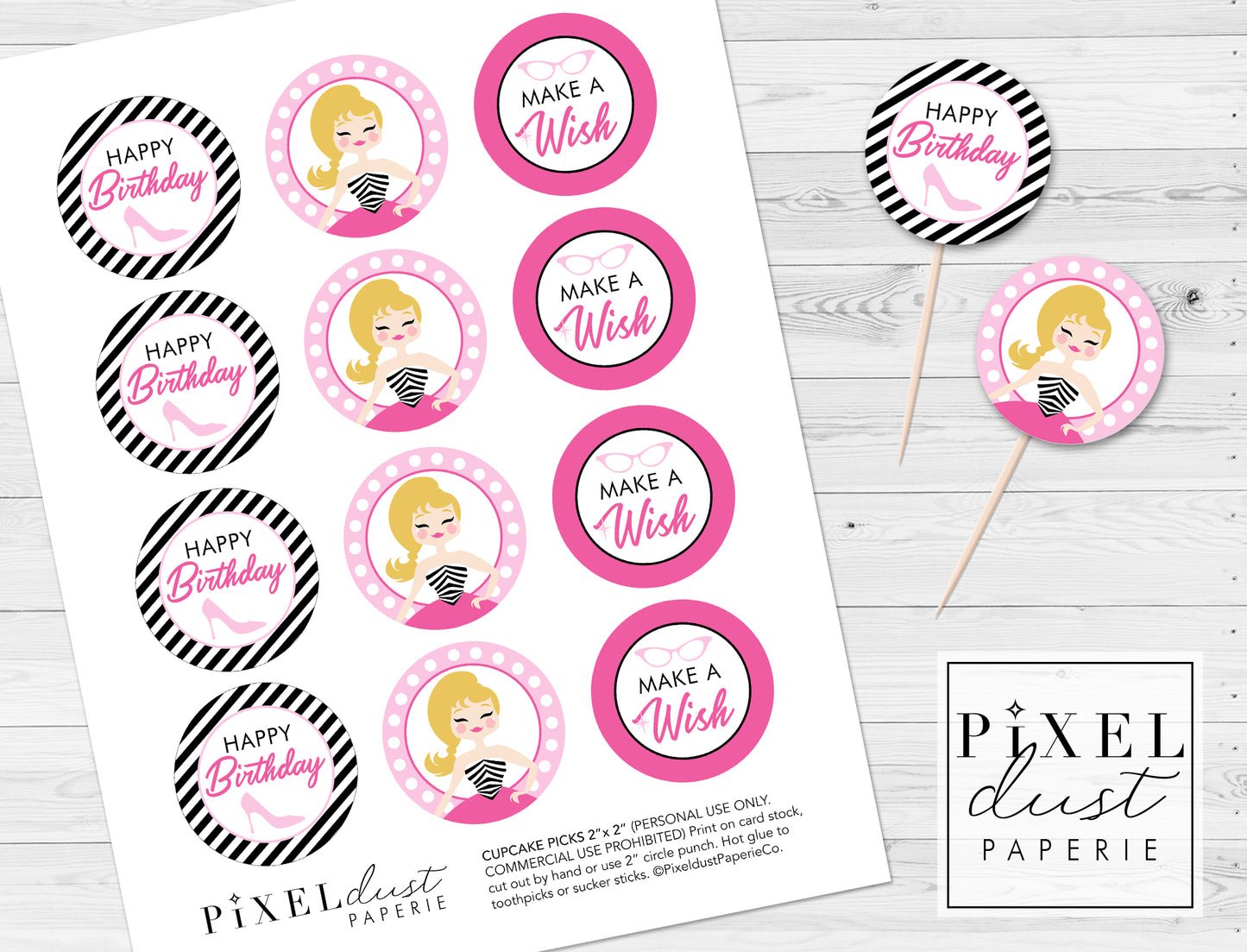 Classic Doll Birthday Printable Cupcake Toppers / Picks