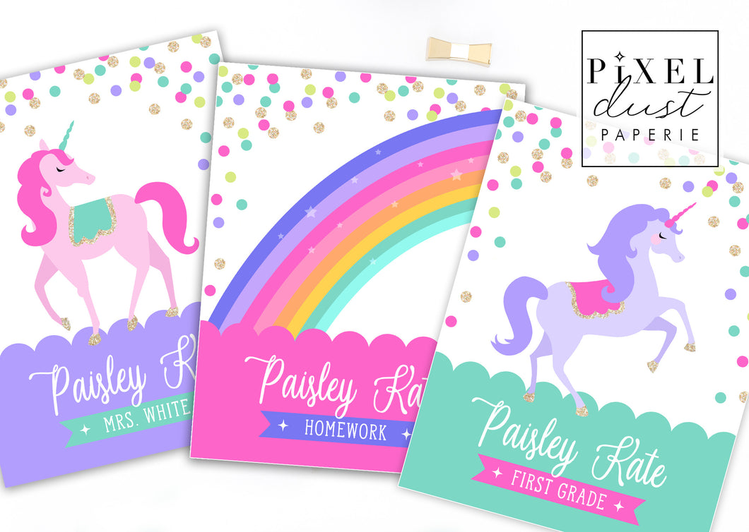 Rainbow Unicorn School Binder Cover Set