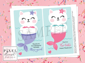 Purrrmaid Cat Birthday Party Favor Thank You Cards
