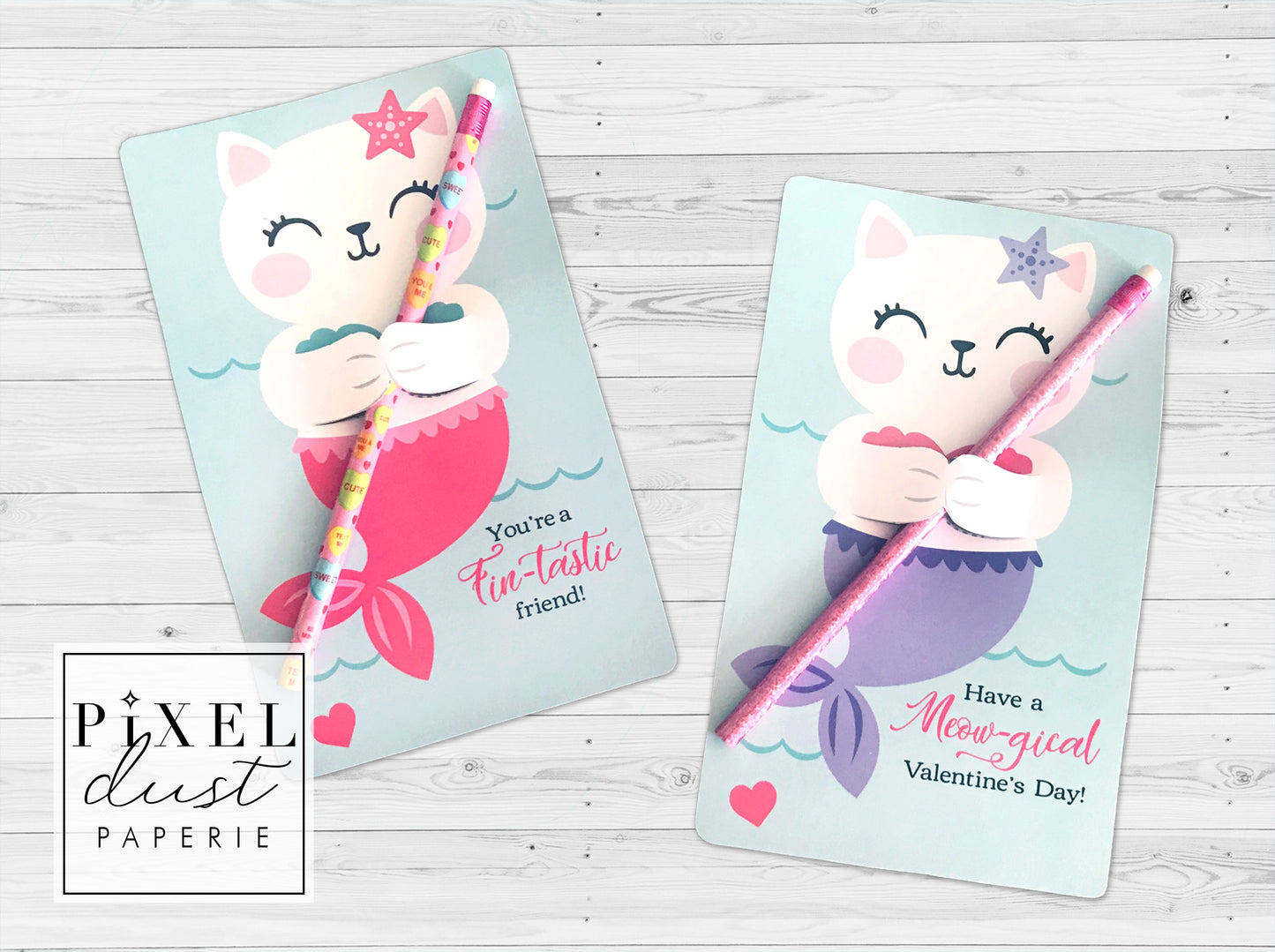 Mermaid Cat Printable Valentine Treat Holder Cards
