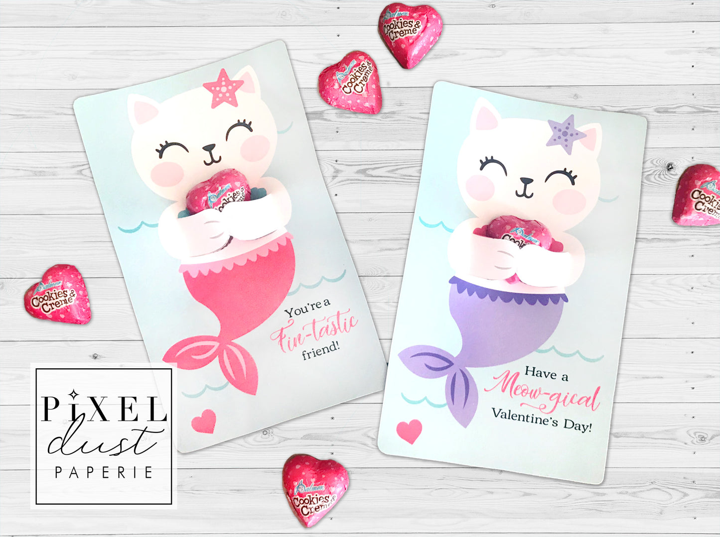 Mermaid Cat Printable Valentine Treat Holder Cards