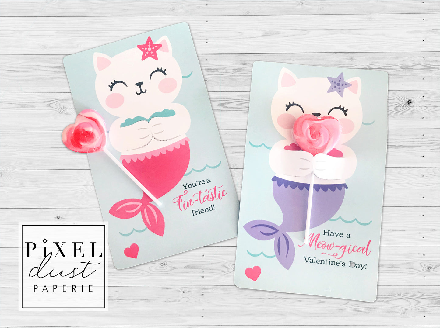 Mermaid Cat Printable Valentine Treat Holder Cards