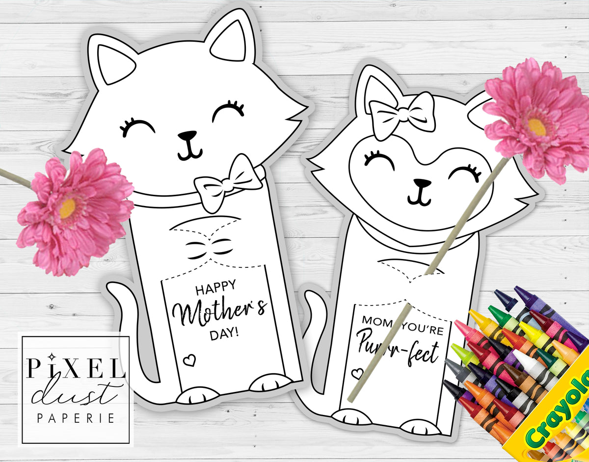 Cat / Kitten Printable Mother's Day Treat Holder Card, Coloring Sheet