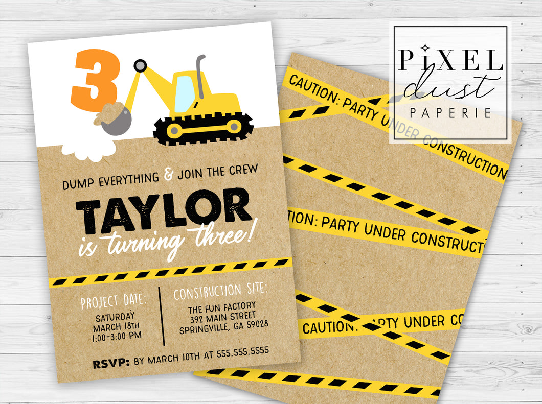 Construction Birthday Party Invitation Printable File