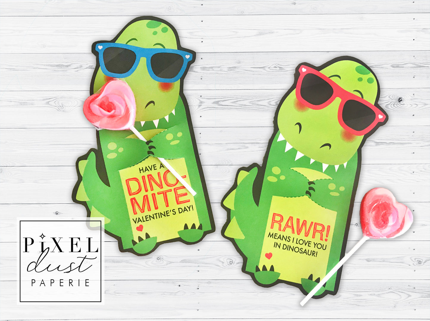 Dinosaur Wearing Sunglasses Printable Valentine Treat Holder Cards