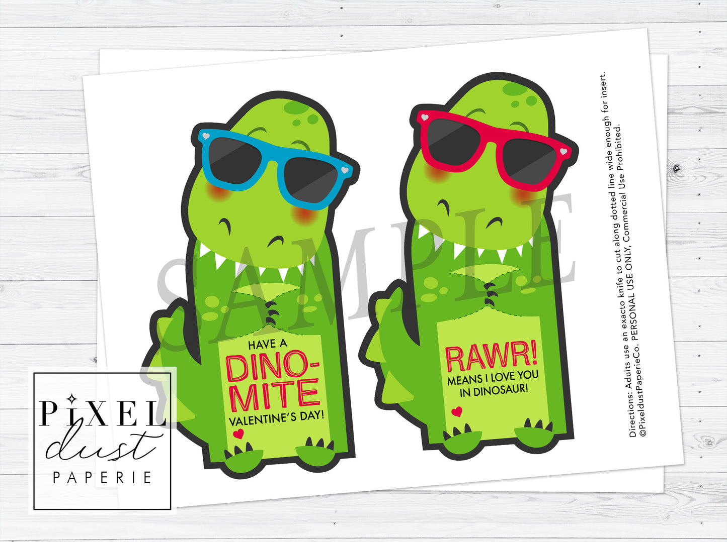 Dinosaur Wearing Sunglasses Printable Valentine Treat Holder Cards