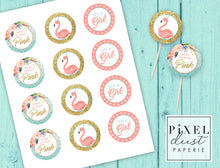 Load image into Gallery viewer, Tickled Pink Flamingo Baby Shower Printable Cupcake Toppers / Picks
