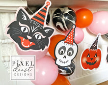 Load image into Gallery viewer, Printable Retro Halloween Banner - Skull, Jack-O-Lantern, and Black Cat
