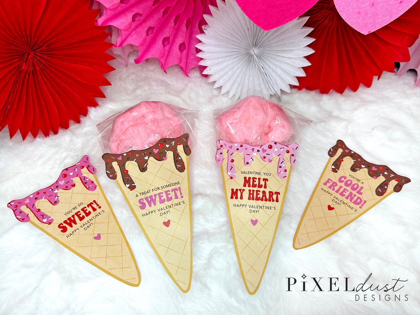 Ice Cream Printable Valentine Cards, Cotton Candy Ice Cream Cone
