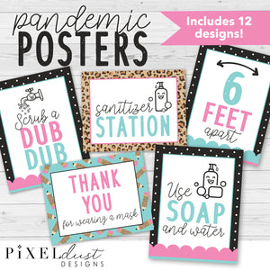Leopard Print COVID Poster Set, Health and Hygiene, Hand Sanitizer Station Posters