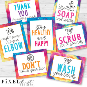 Tie Dye COVID Poster Set, Health and Hygiene, Hand Sanitizer Station Posters