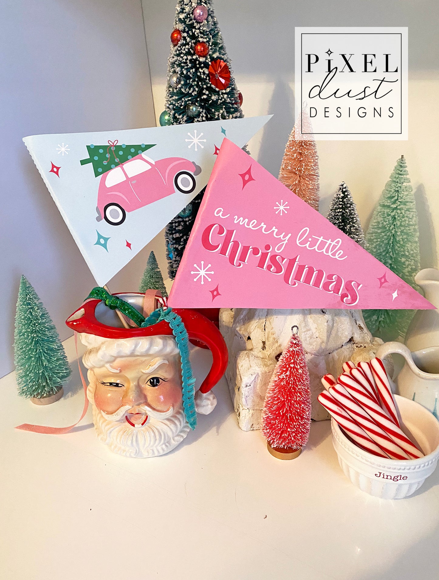 Retro Pink Car Vintage Christmas Pennant Flag Set