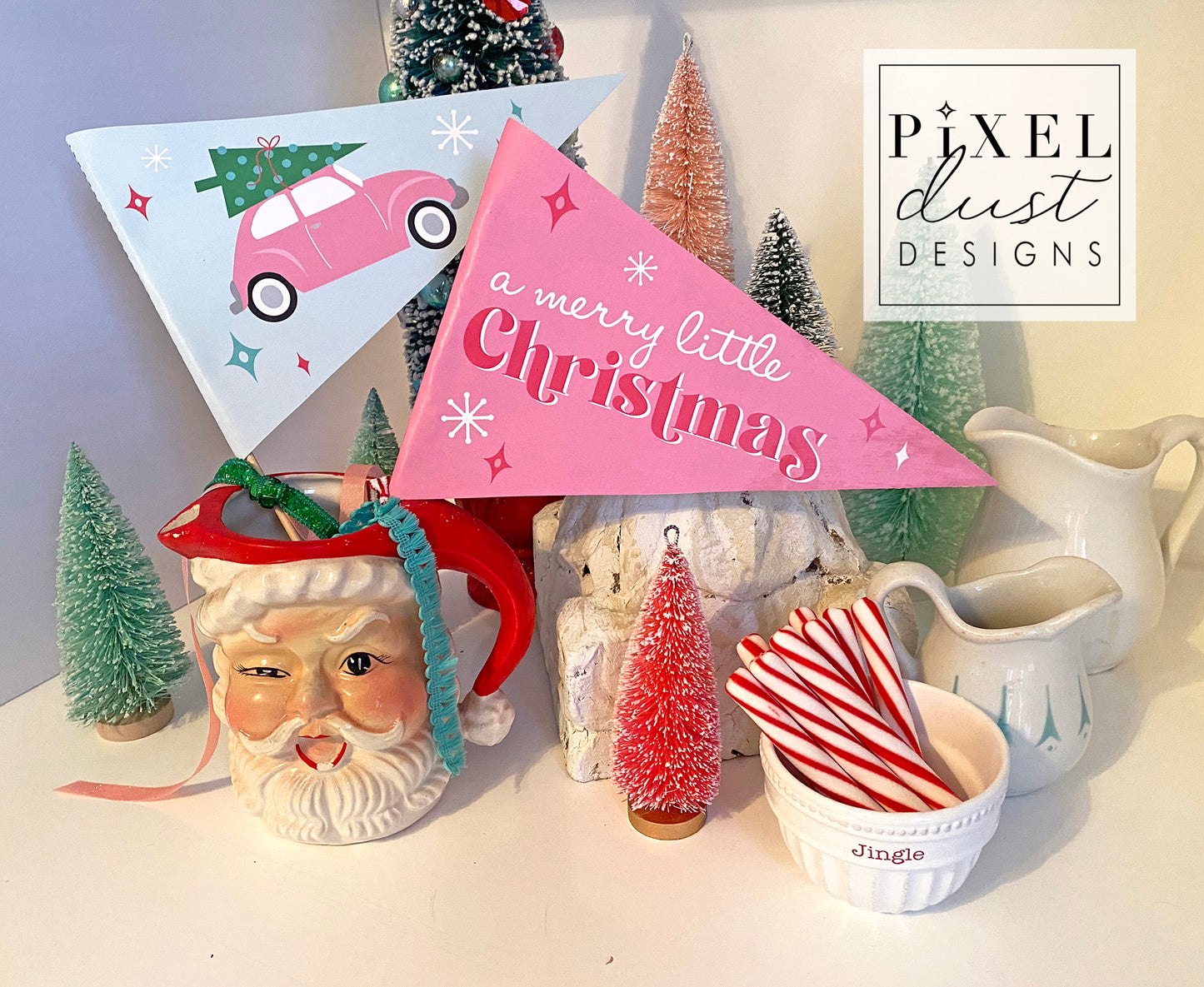 Retro Pink Car Vintage Christmas Pennant Flag Set