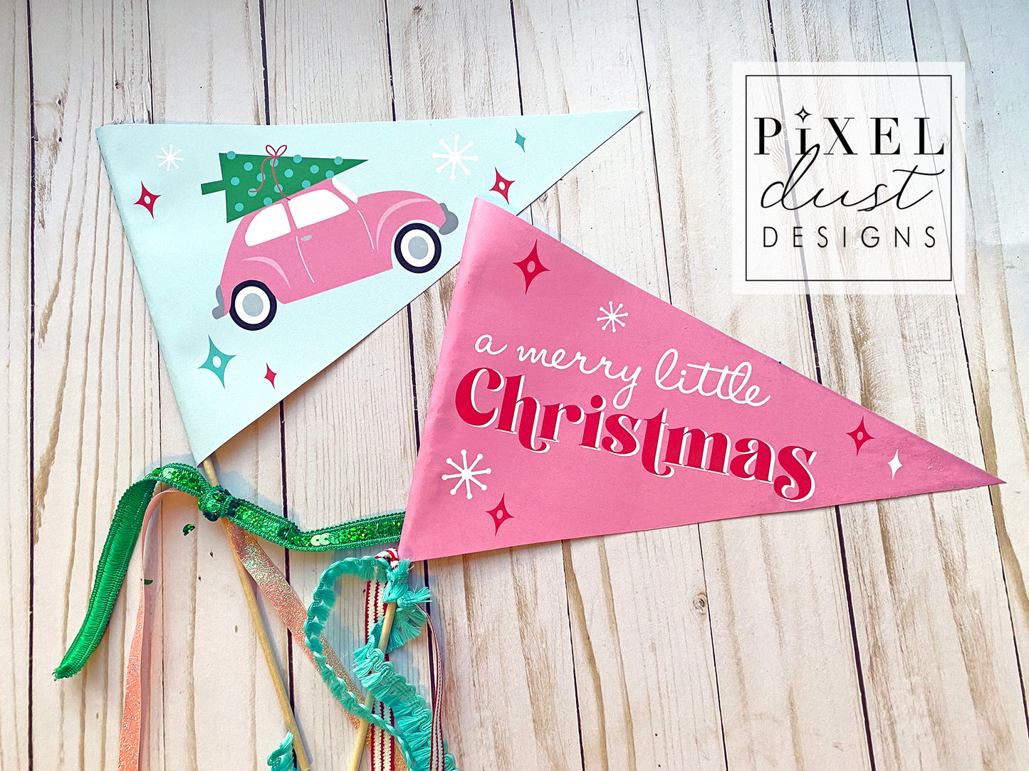 Retro Pink Car Vintage Christmas Pennant Flag Set