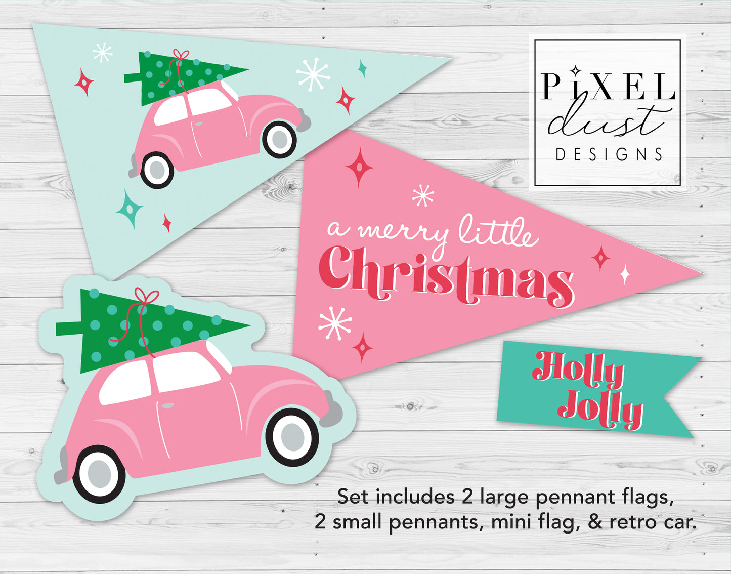 Retro Pink Car Vintage Christmas Pennant Flag Set