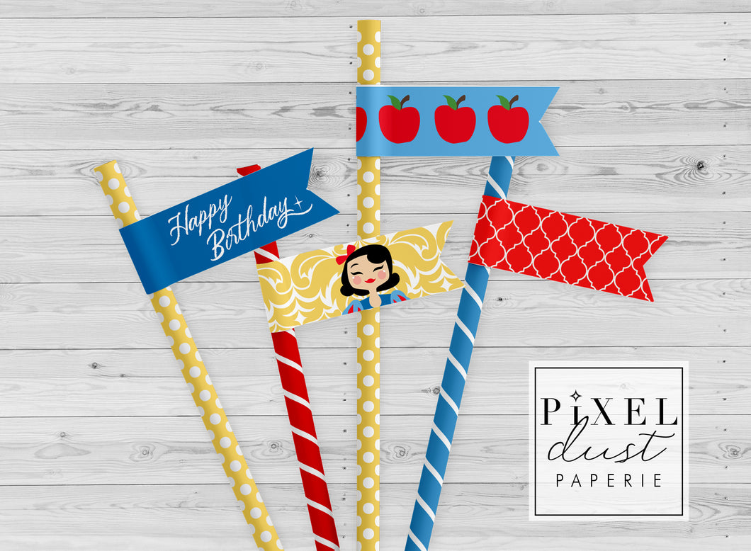 Fairest one of all, Snow White Birthday Party Straw Flags Printable File