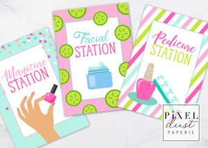 Spa Birthday Party Printable Manicure, Pedicure and Facial Station Signs