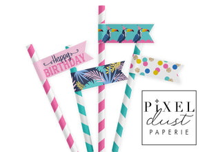 Tropical Toucan Birthday Party Straw Flags Printable File
