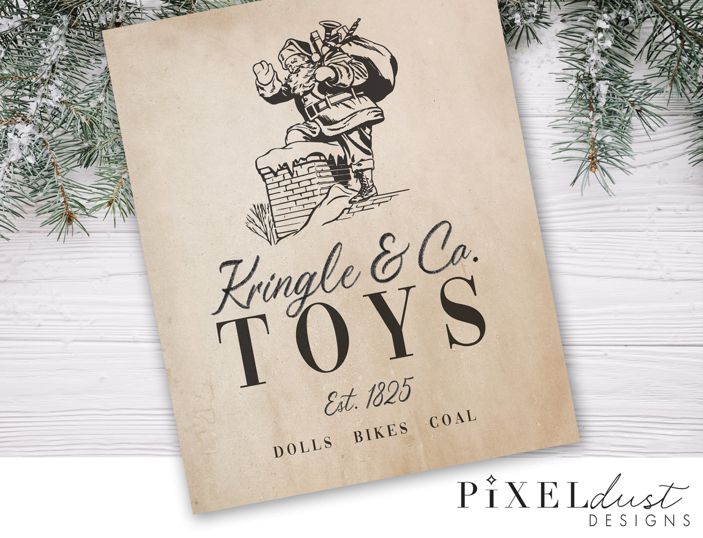 Kringle & Co. Toys Printable Sign File, Vintage Christmas Santa Claus Sign