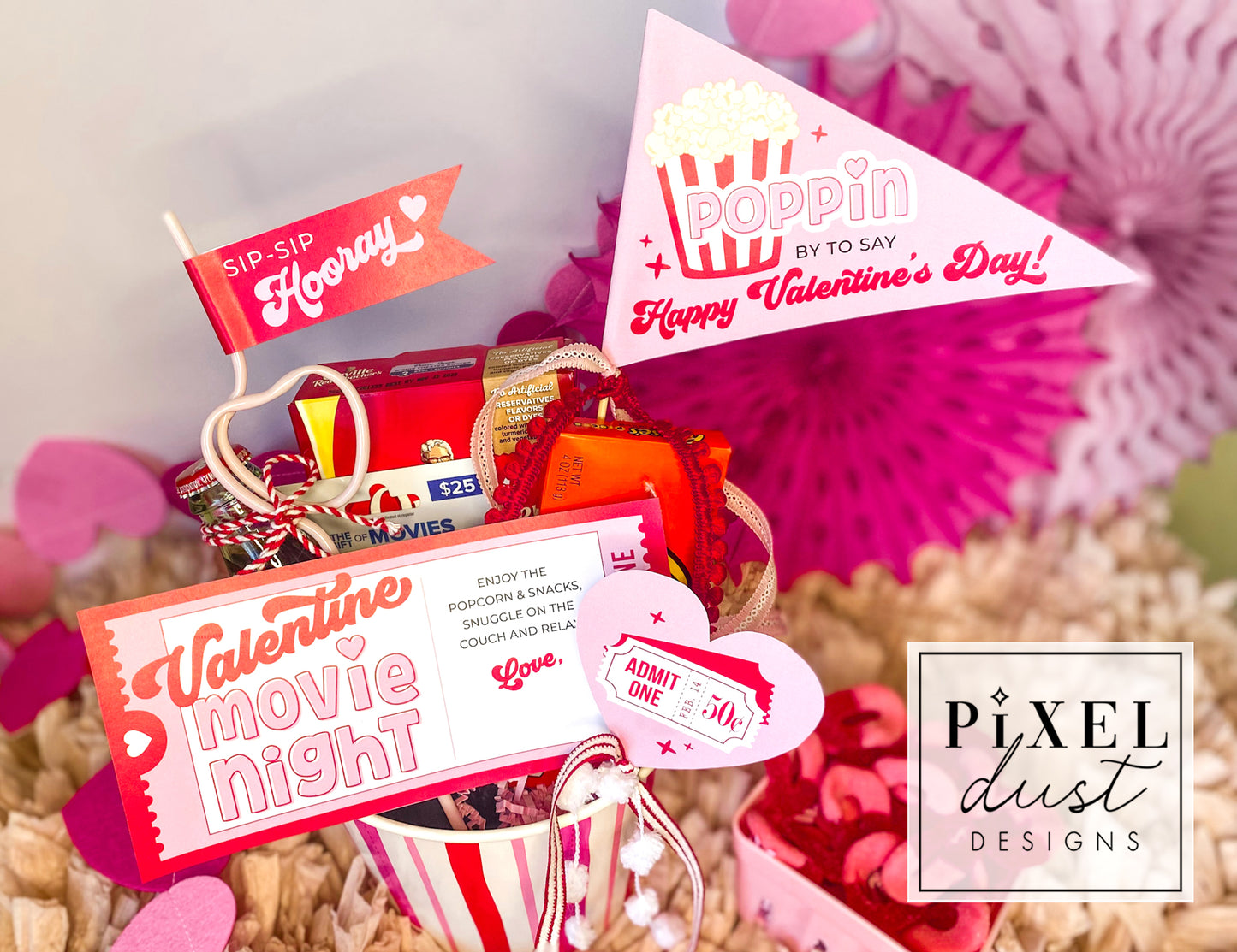 Valentine Movie Night Gift Basket Card & Flags