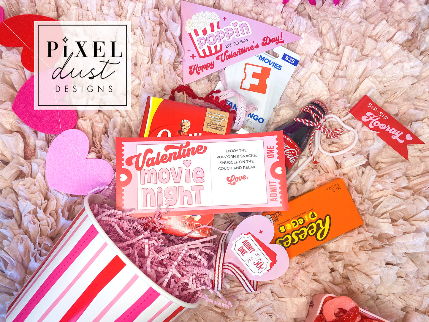 Valentine Movie Night Gift Basket Card & Flags