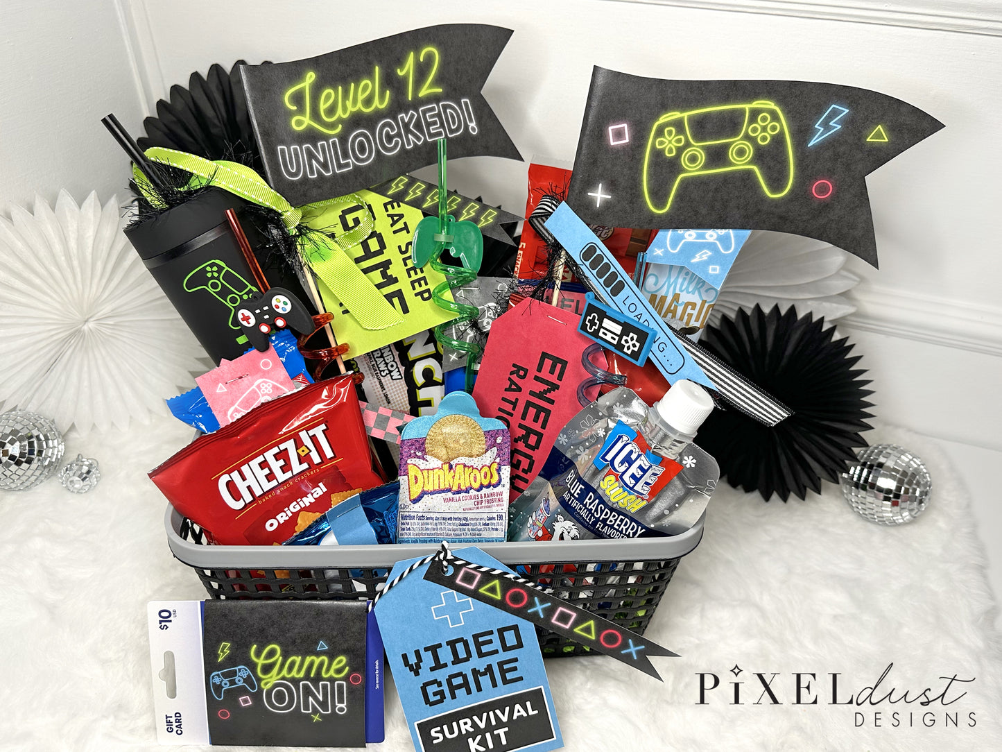 Printable Video Game Birthday Gift Basket Tags & Flags Set