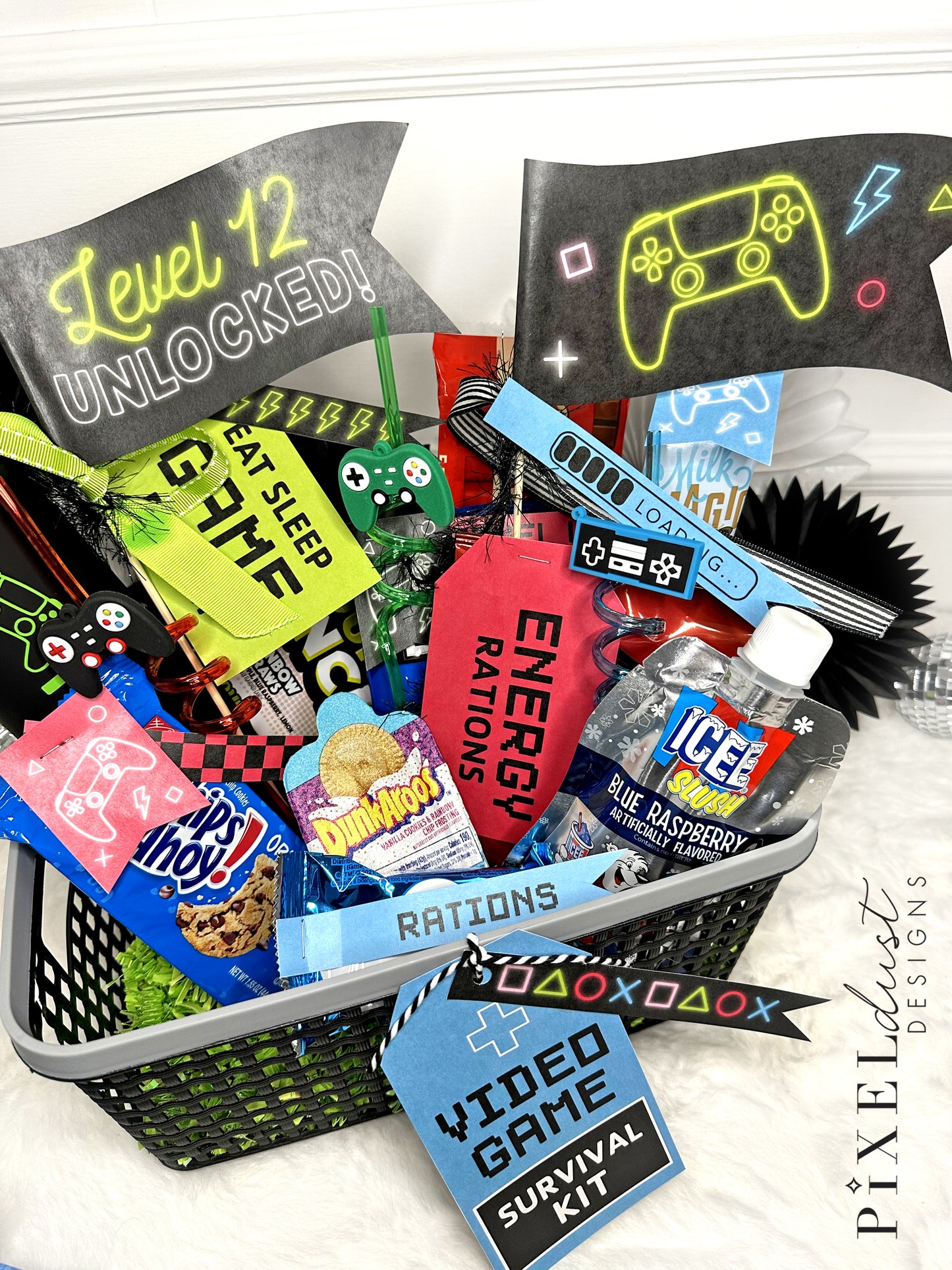 Printable Video Game Birthday Gift Basket Tags & Flags Set