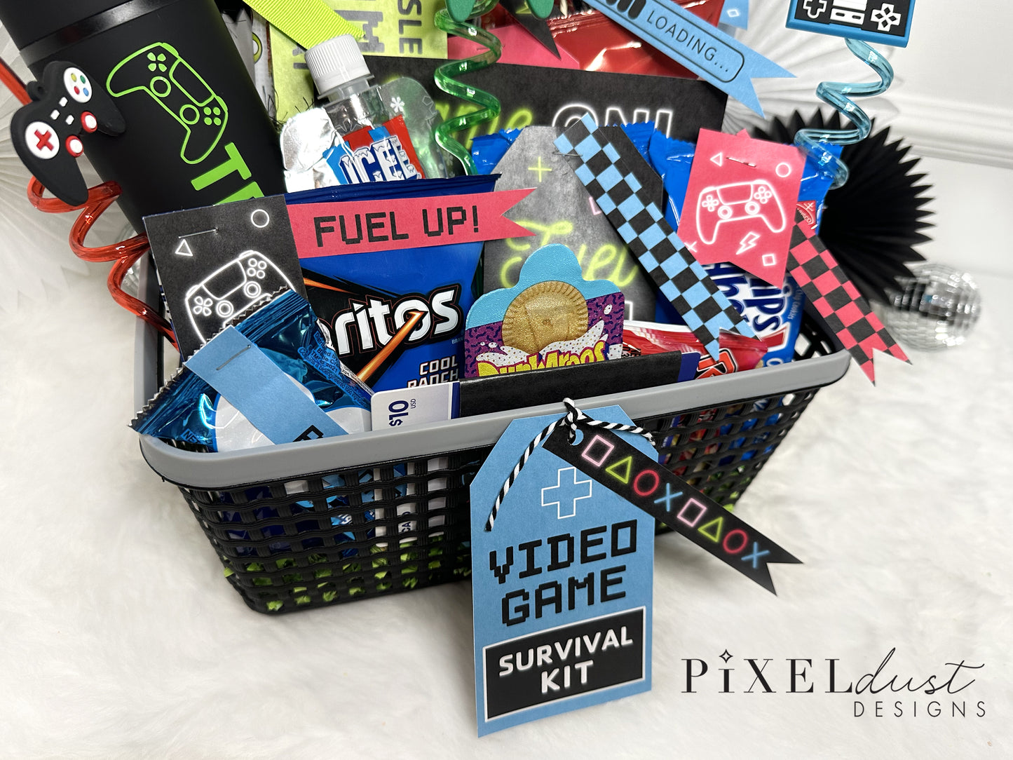 Printable Video Game Birthday Gift Basket Tags & Flags Set
