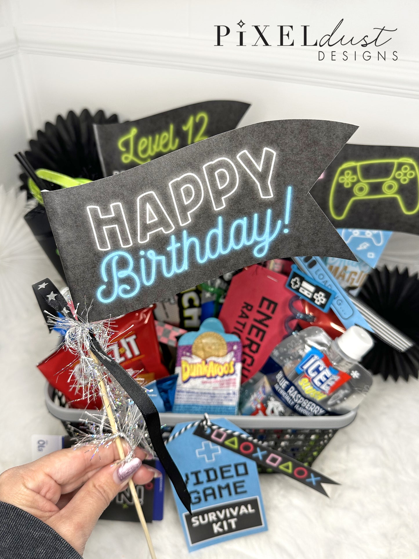 Printable Video Game Birthday Gift Basket Tags & Flags Set