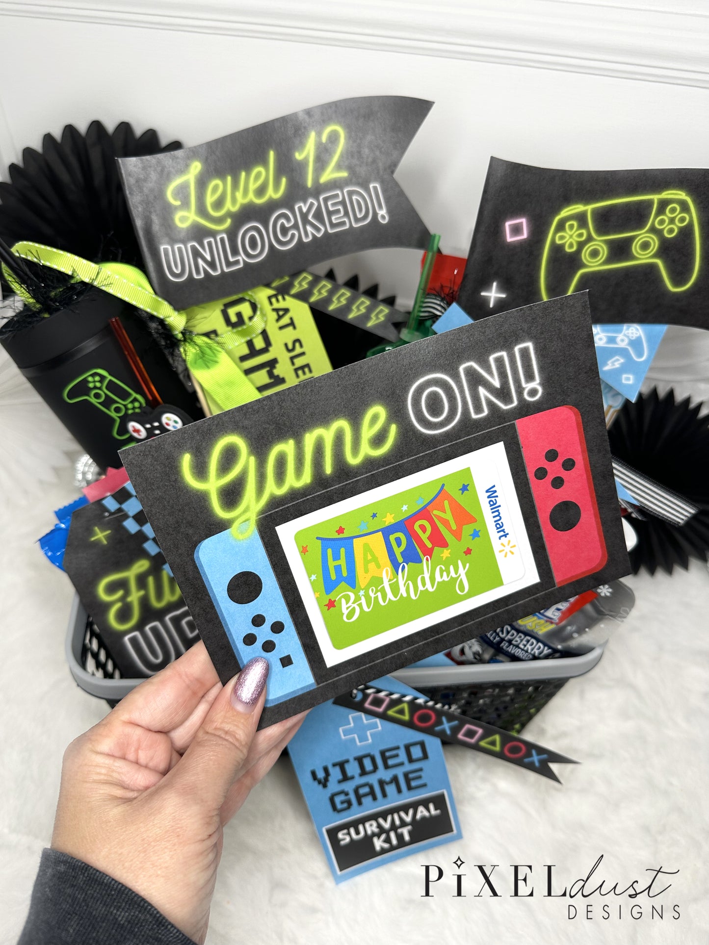Printable Video Game Birthday Gift Basket Tags & Flags Set