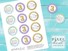 Load image into Gallery viewer, Young, Wild &amp; THREE Purple Printable Birthday Party Cupcake Toppers / Picks
