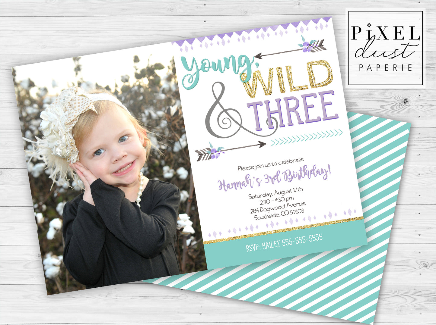 Young, Wild & THREE Purple Printable Birthday Party Invitation File