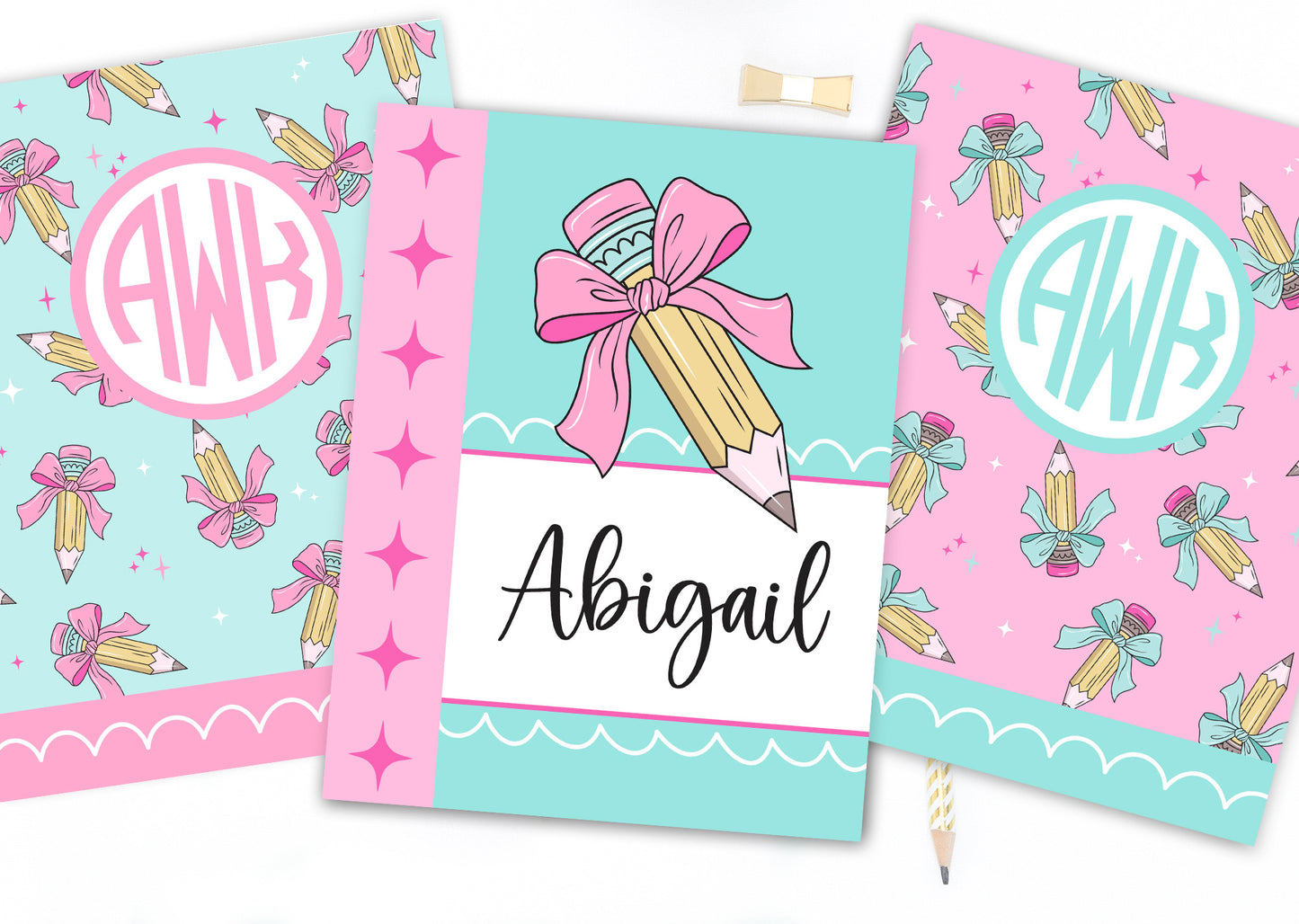 Cute Pink Bow Pencil Personalized Binder Cover Set