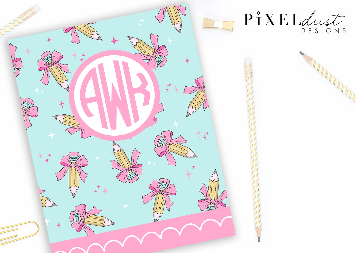 Cute Pink Bow Pencil Personalized Binder Cover Set