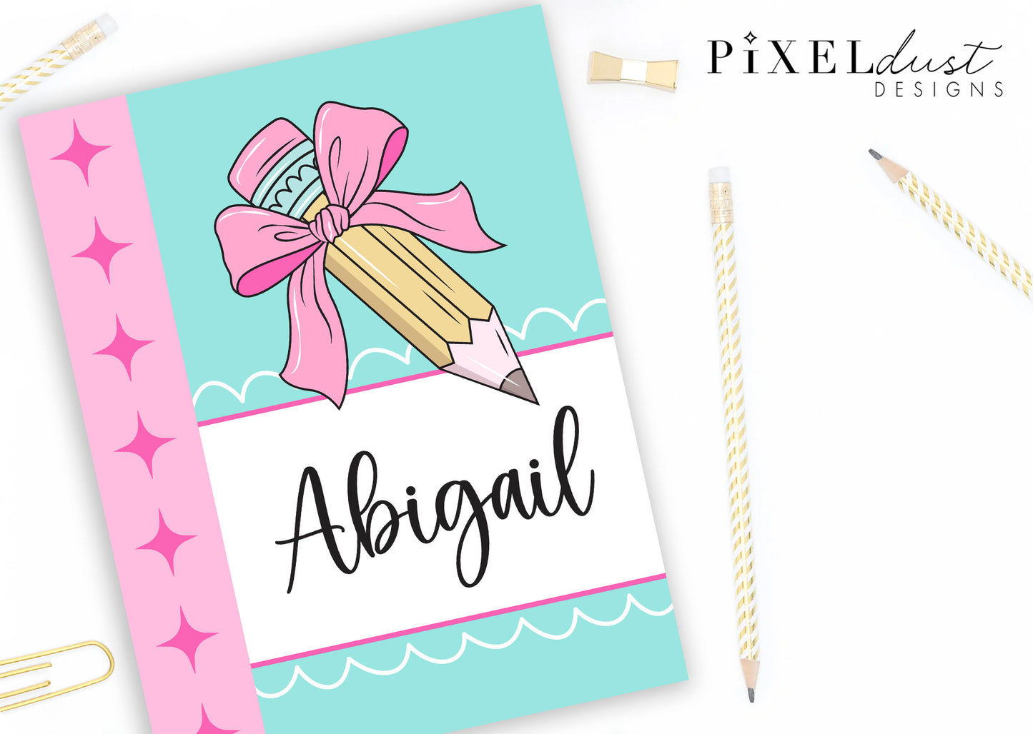 Cute Pink Bow Pencil Personalized Binder Cover Set