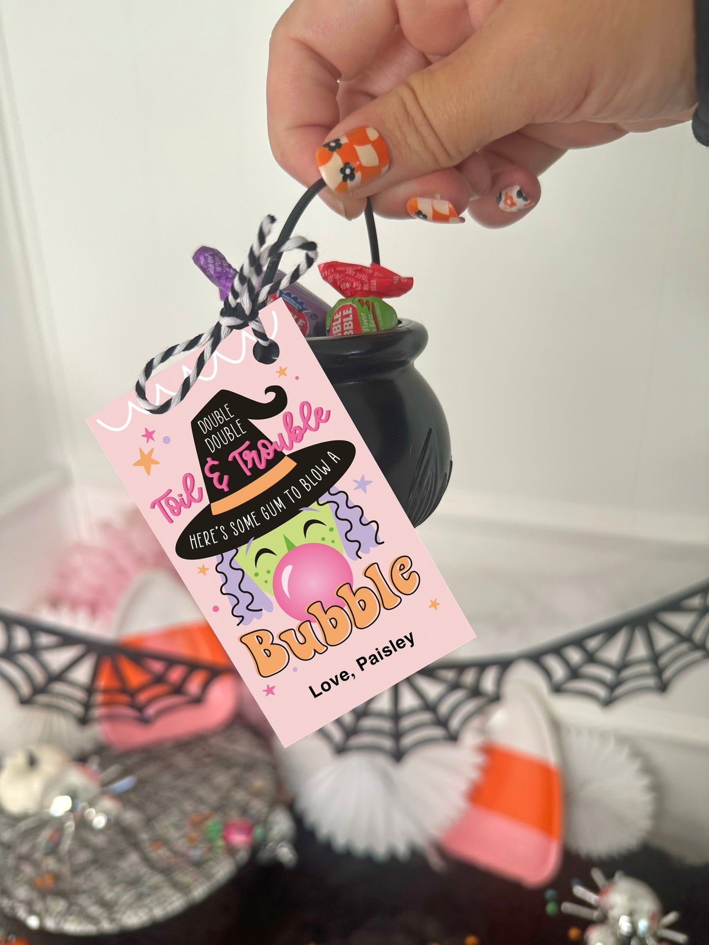 Bubblegum Witch Double Double Toil & Trouble Halloween Gift Tag