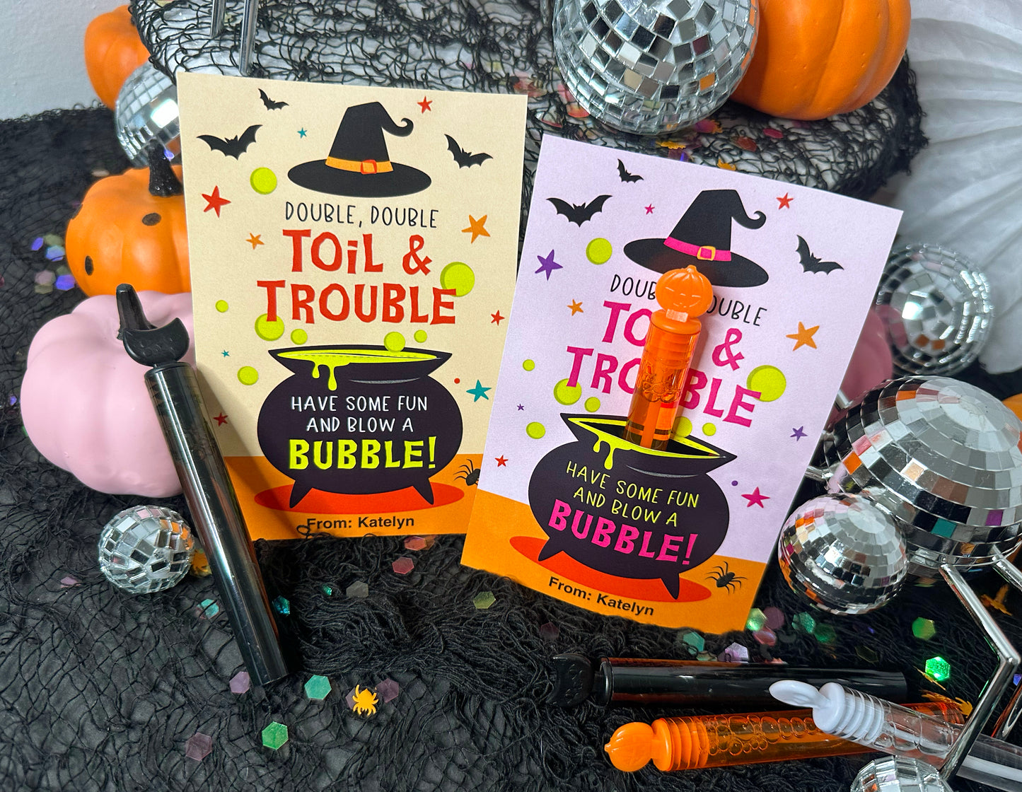 Double Double Toil and Trouble Bubbles Halloween Treat Cards and Tags