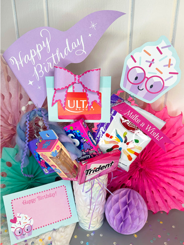 Cute Cupcake Printable Birthday Gift Basket Card & Flags