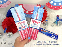 Load image into Gallery viewer, Hooray for the Red, White &amp; Glow 4th of July Glow Stick Holder Cards, Patriotic Party Favors
