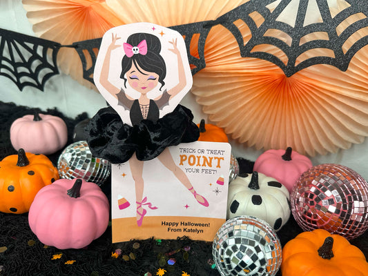 Halloween Ballerina Scrunchie Cards, Printable Ballet Dance Class Halloween Gift