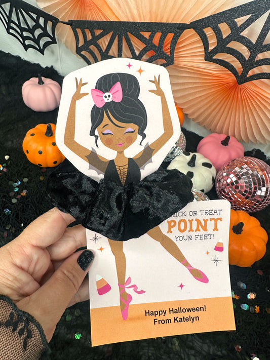 Halloween Ballerina Scrunchie Cards, Printable Ballet Dance Class Halloween Gift
