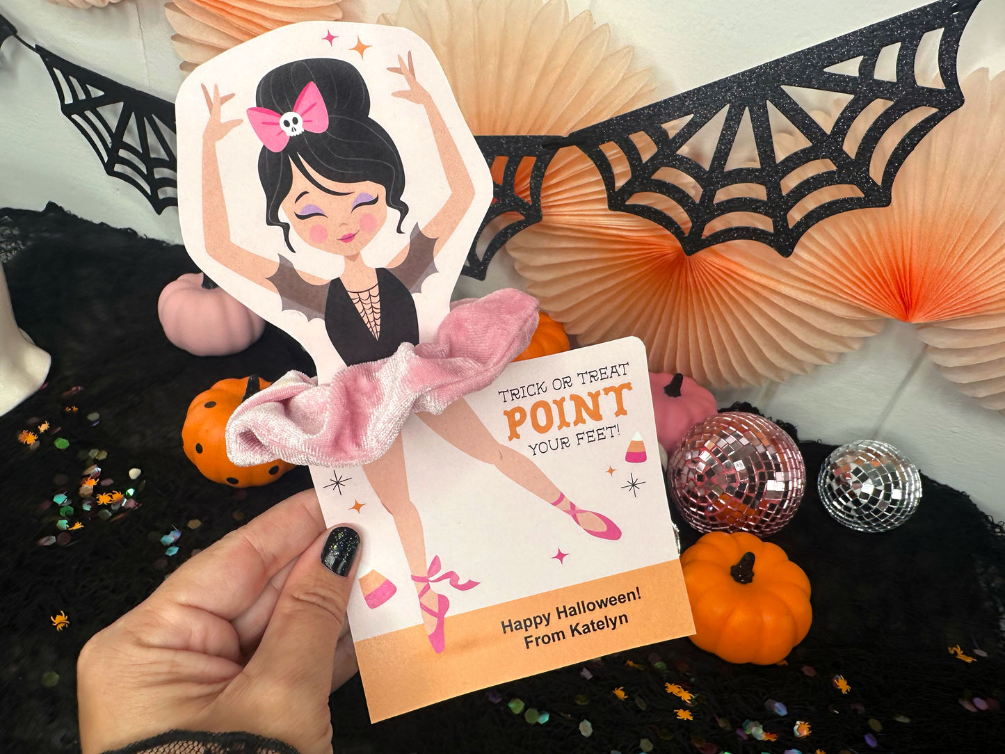 Halloween Ballerina Scrunchie Cards, Printable Ballet Dance Class Halloween Gift